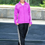 Shiny Adidas Performance Tracksuit Black and Pink Front View