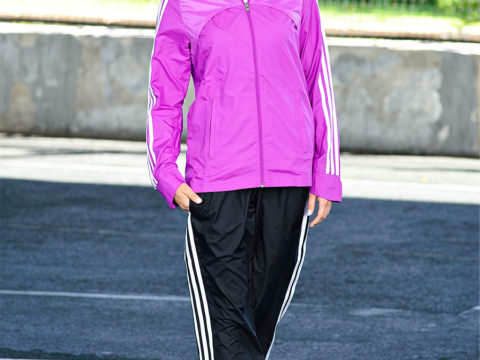Shiny Adidas Performance Tracksuit Black and Pink Front View