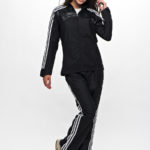 Shiny Adidas Performance Tracksuit Black with White Stripes Front View